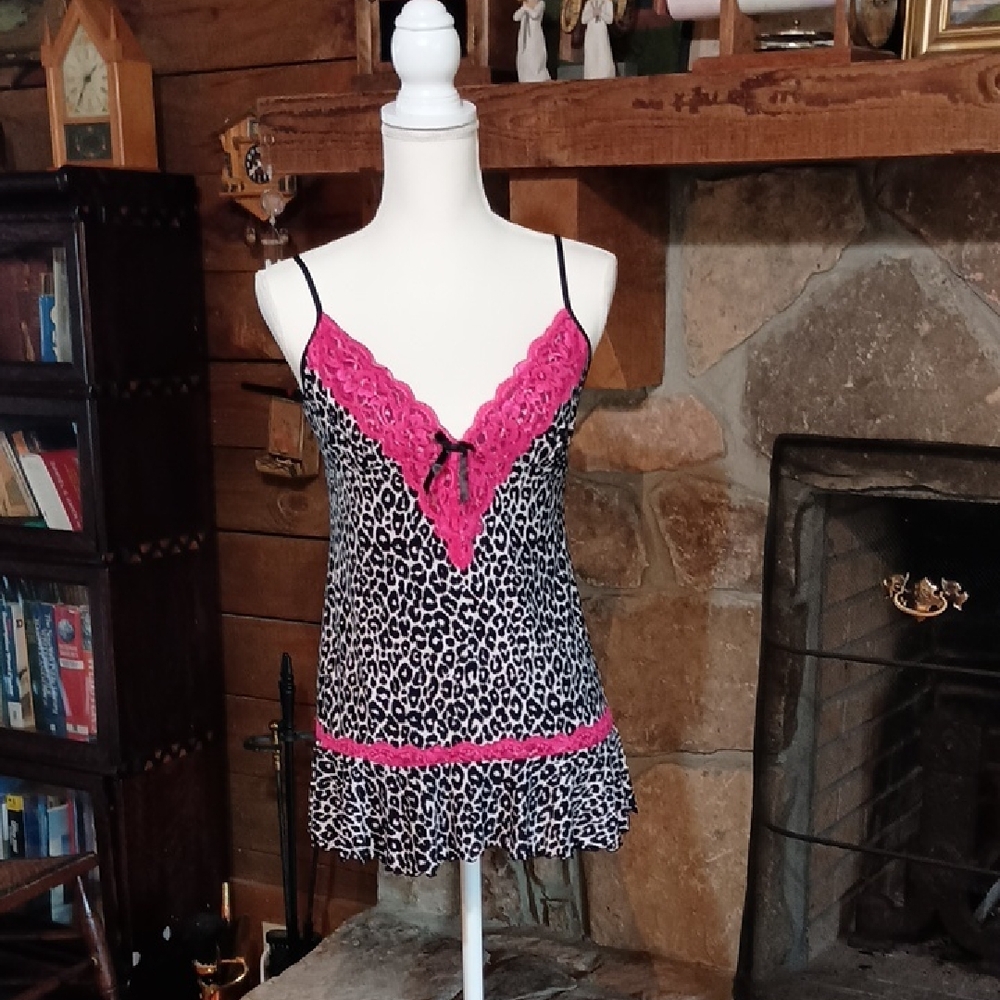 Leopard Print Chemise with Hot Pink Lace Trim